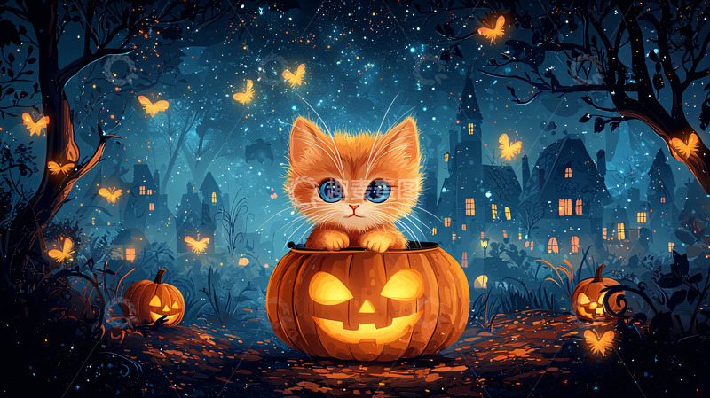 高清大图下载【趣麦麦图】南瓜灯里的猫咪