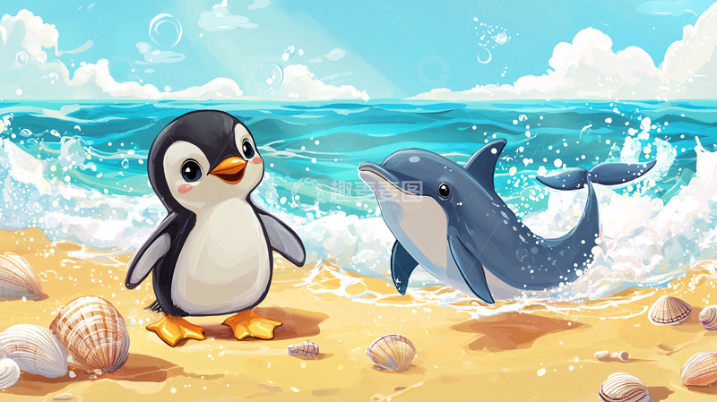 高清大图下载【趣麦麦图】沙滩上企鹅和海豚的卡通插画