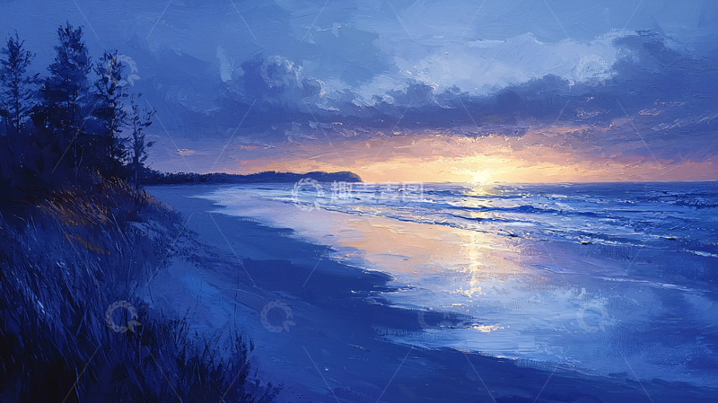 高清大图下载【趣麦麦图】蓝色海岸线日落美景