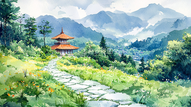 高清大图下载【趣麦麦图】山水风景水彩画