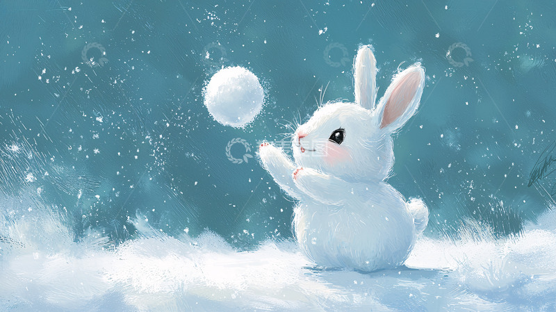 高清大图下载【趣麦麦图】雪地里玩雪球的可爱兔子