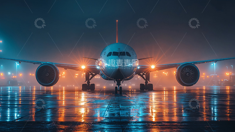 高清大图下载【趣麦麦图】夜晚停机坪上的飞机