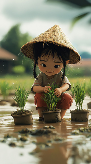 戴斗笠的小女孩插秧