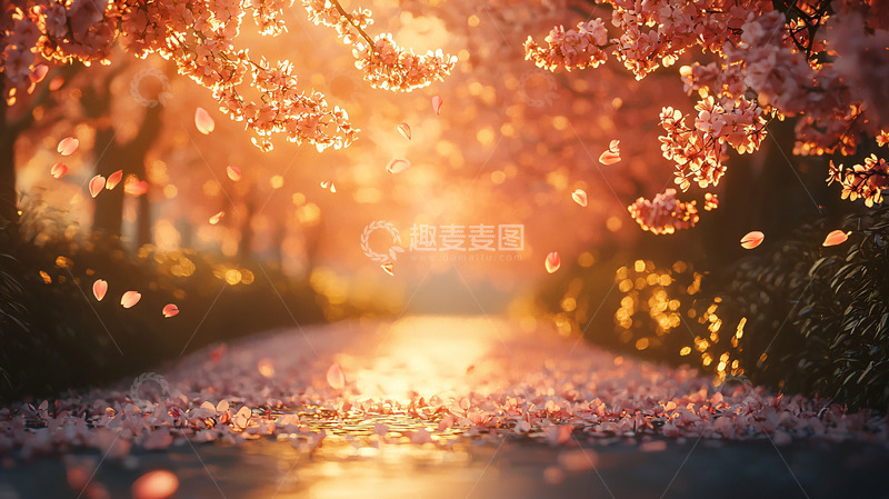 高清大图下载【趣麦麦图】夕阳下樱花树林小路