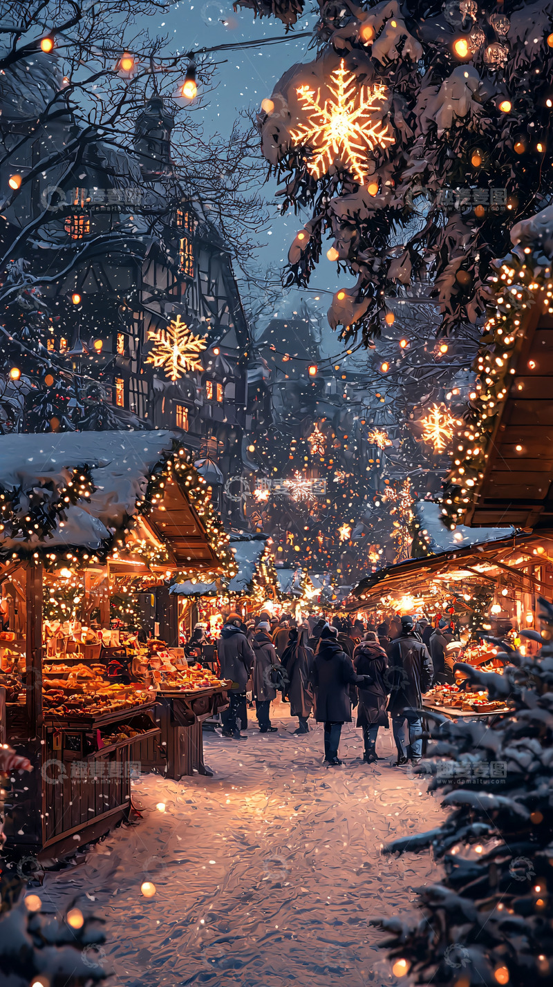 高清大图下载【趣麦麦图】下雪的圣诞集市夜景