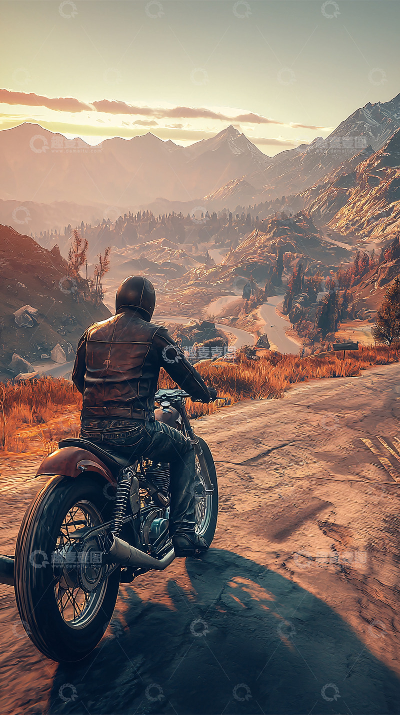高清大图下载【趣麦麦图】摩托车骑手山路日落