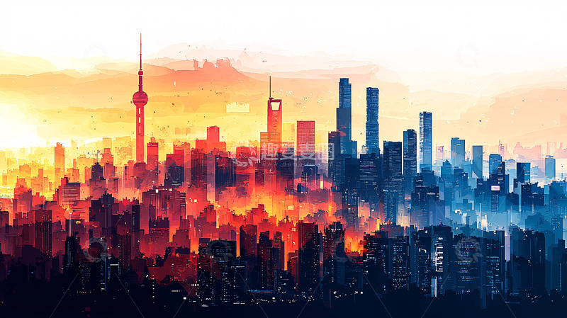 高清大图下载【趣麦麦图】城市天际线日夜交替