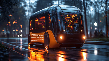 夜晚雨中行驶的黑色自动驾驶巴士