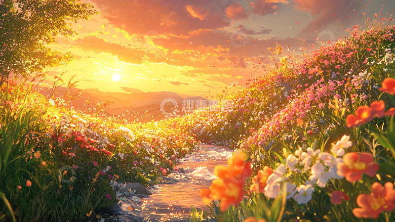高清大图下载【趣麦麦图】温暖阳光下的花海小溪