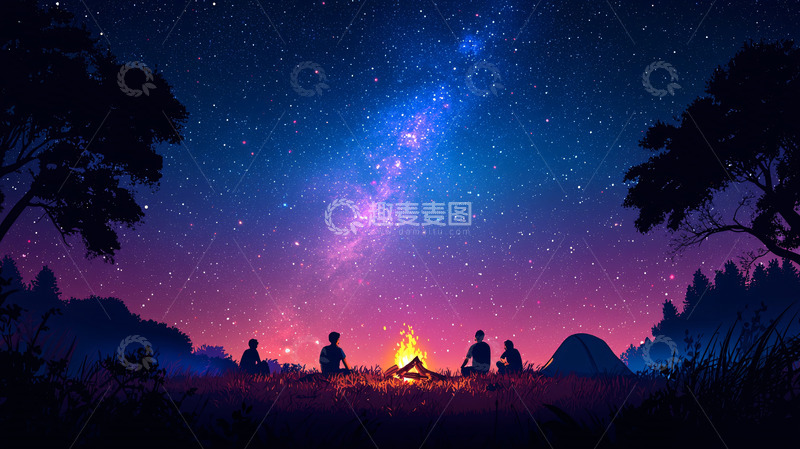 高清大图下载【趣麦麦图】星空篝火夜间露营