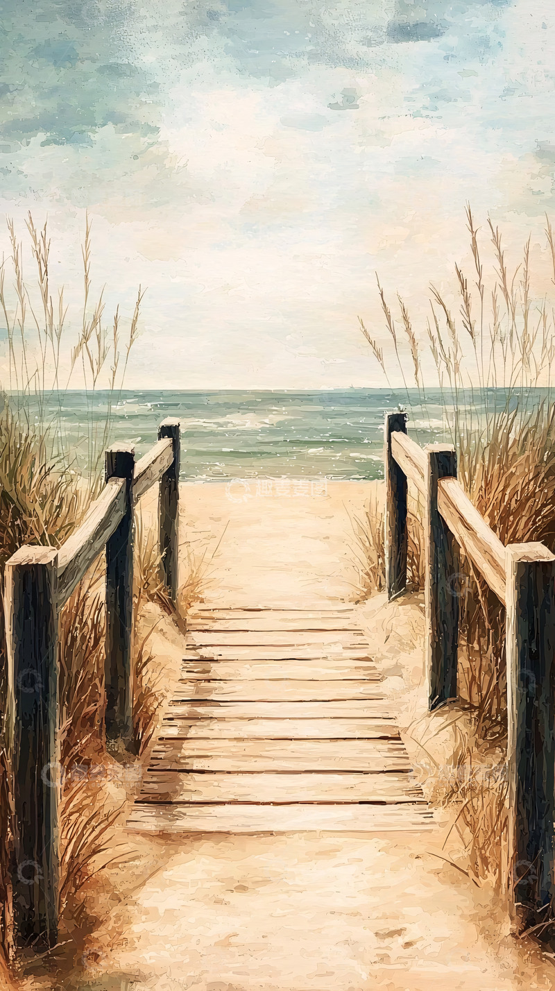 高清大图下载【趣麦麦图】海边木栈道风景画