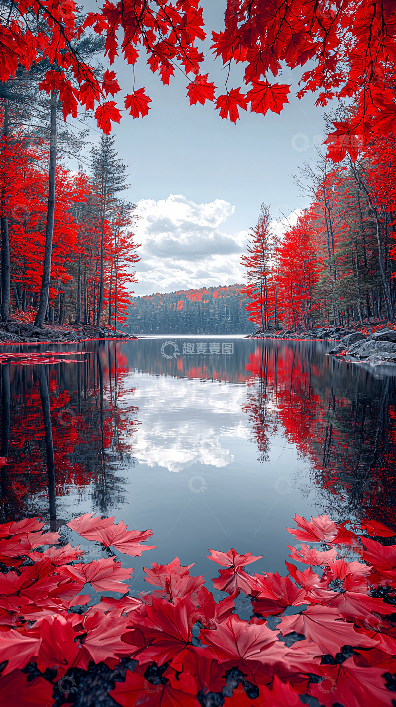高清大图下载【趣麦麦图】红叶倒影湖泊