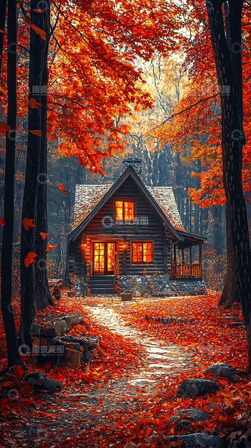 高清大图下载【趣麦麦图】秋日森林小屋