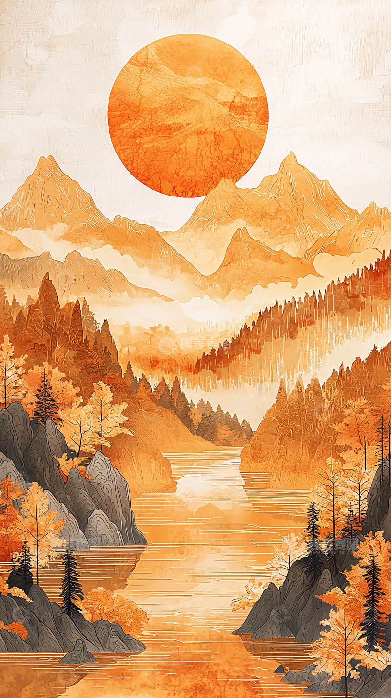 高清大图下载【趣麦麦图】金色山川日出图