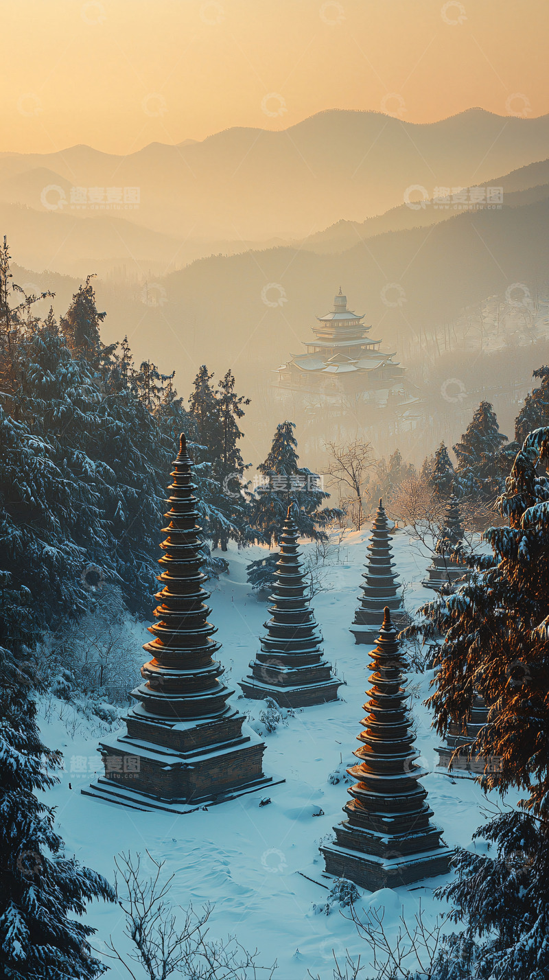 高清大图下载【趣麦麦图】雪景下的佛塔群