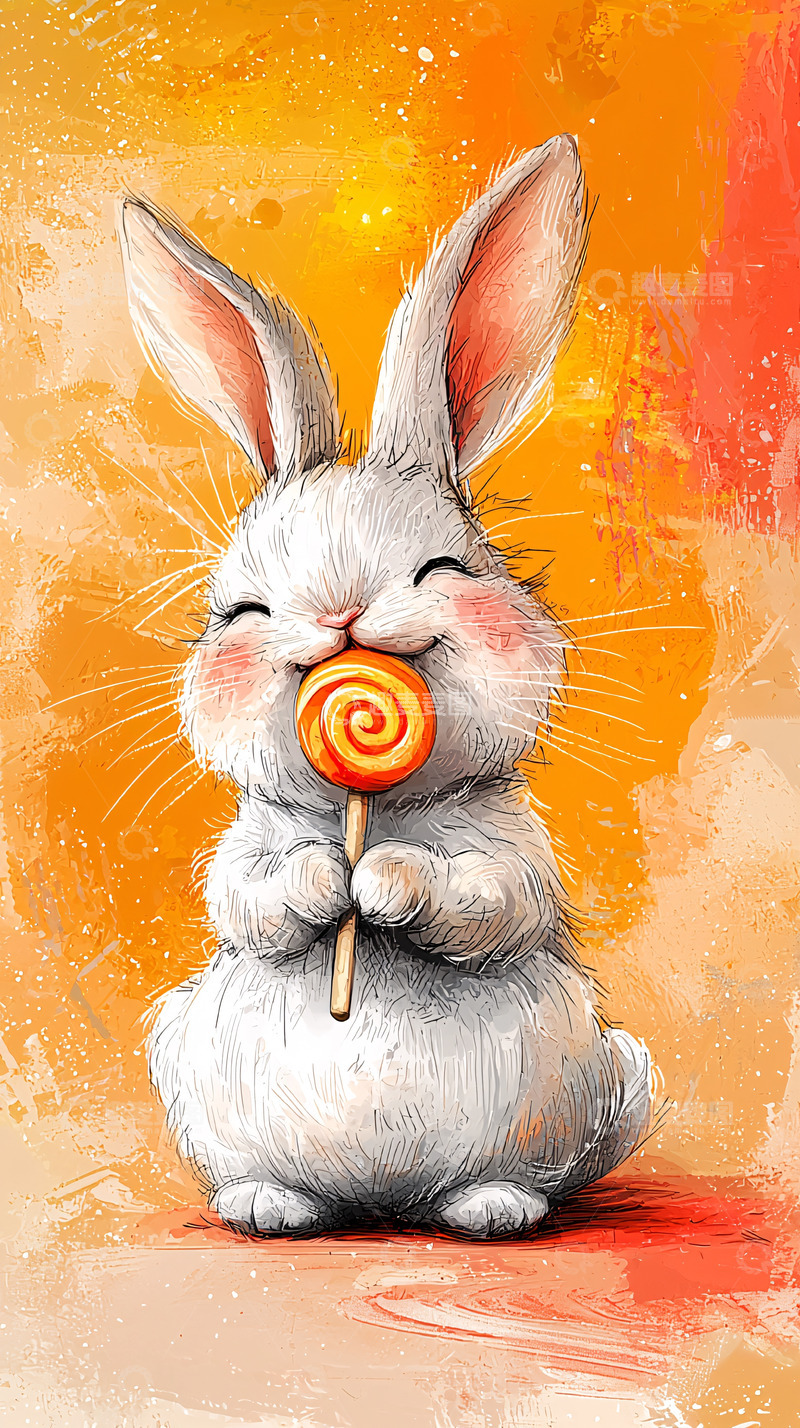 高清大图下载【趣麦麦图】可爱兔子吃棒棒糖