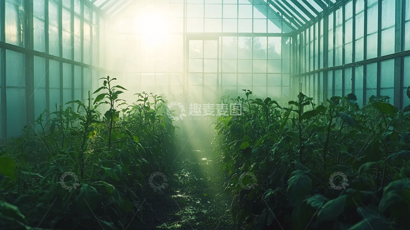 高清大图下载【趣麦麦图】阳光透过温室洒在植物上