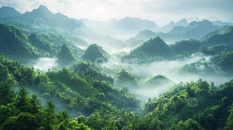 高清大图下载【趣麦麦图】雾气缭绕的绿色山峦
