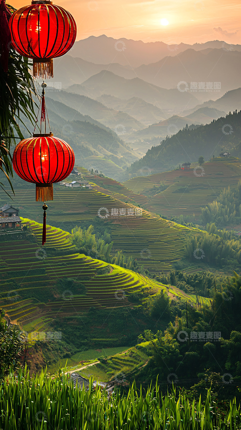 高清大图下载【趣麦麦图】红灯笼下的梯田日出
