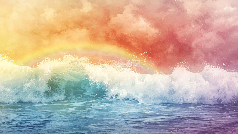 高清大图下载【趣麦麦图】彩色天空下的海浪彩虹
