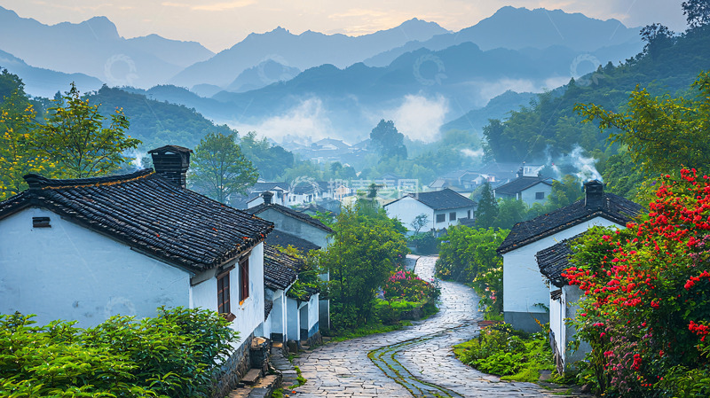 高清大图下载【趣麦麦图】山村清晨景色