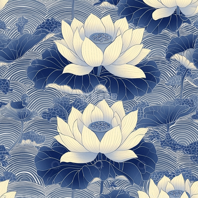 高清大图下载【趣麦麦图】青花瓷风格的莲花图案