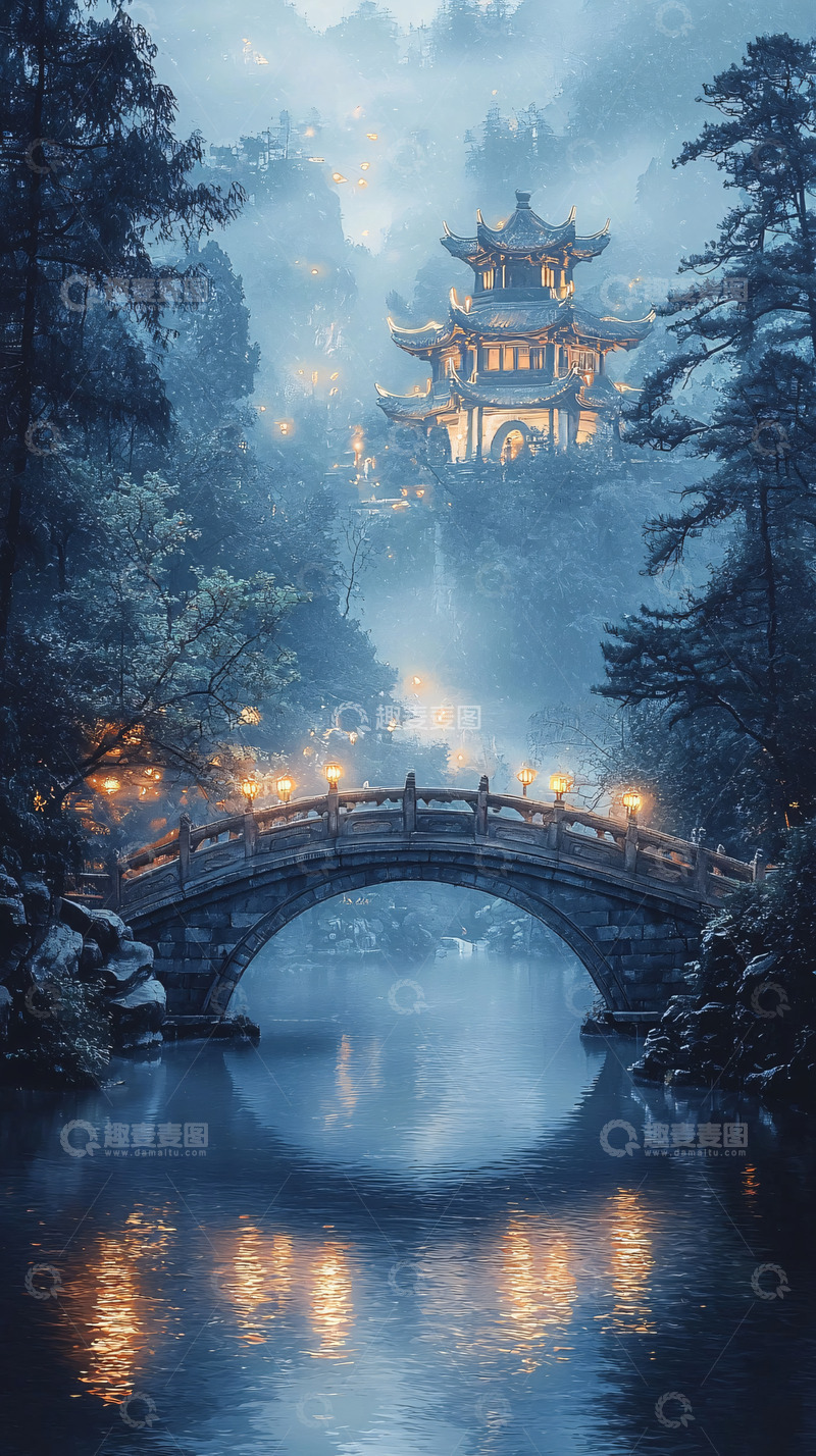 高清大图下载【趣麦麦图】夜晚雾气缭绕的古风场景