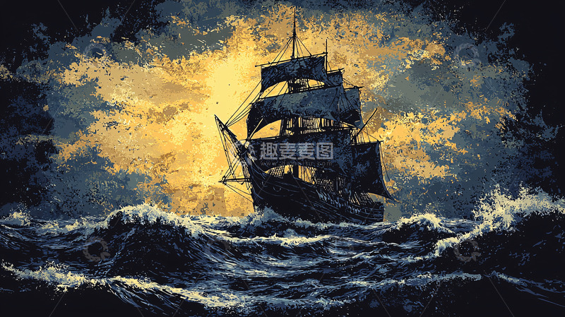 高清大图下载【趣麦麦图】暴风雨中的黑色帆船