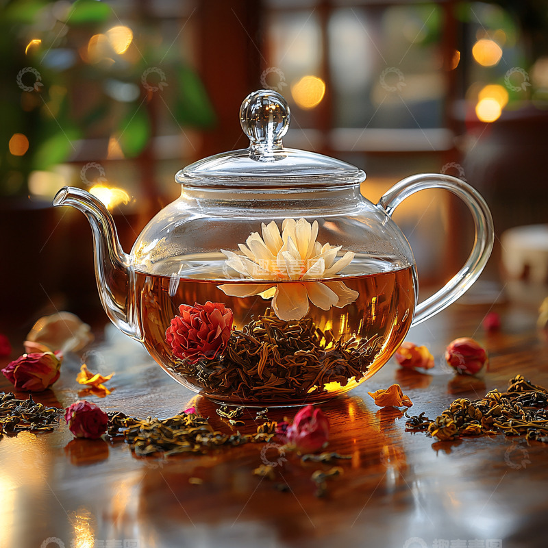 高清大图下载【趣麦麦图】透明茶壶中的花茶