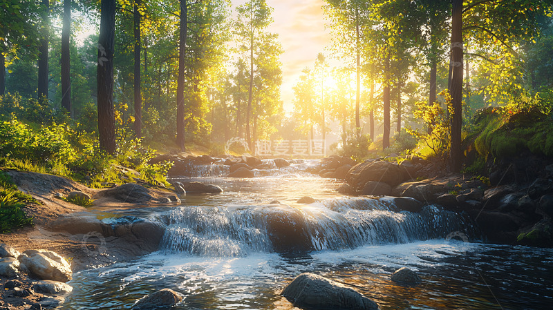 高清大图下载【趣麦麦图】森林溪流日出