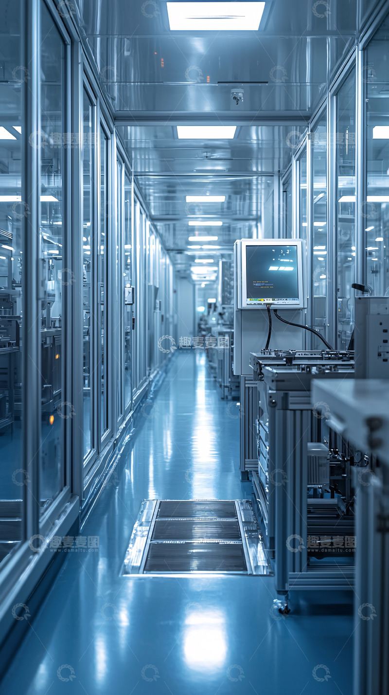 高清大图下载【趣麦麦图】蓝色调的无尘车间走廊