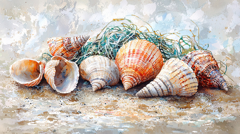 高清大图下载【趣麦麦图】海滩上的贝壳和渔网