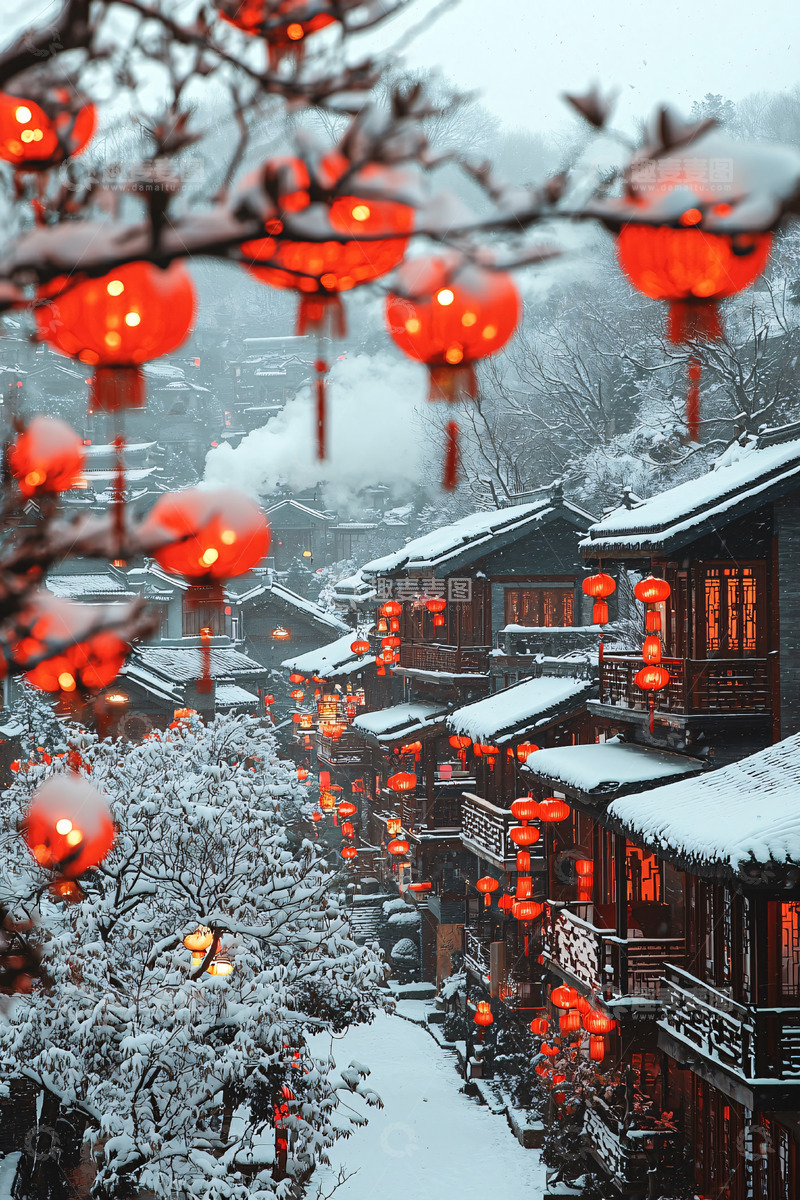 高清大图下载【趣麦麦图】雪后挂满灯笼的村庄