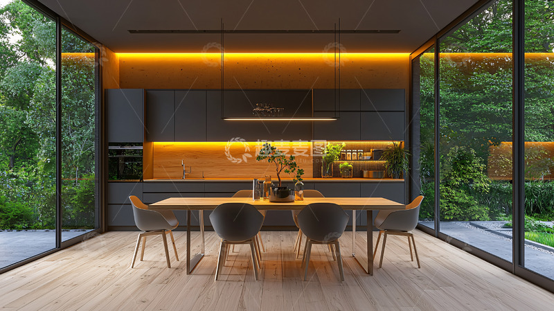 高清大图下载【趣麦麦图】现代简约厨房餐厅一体化设计