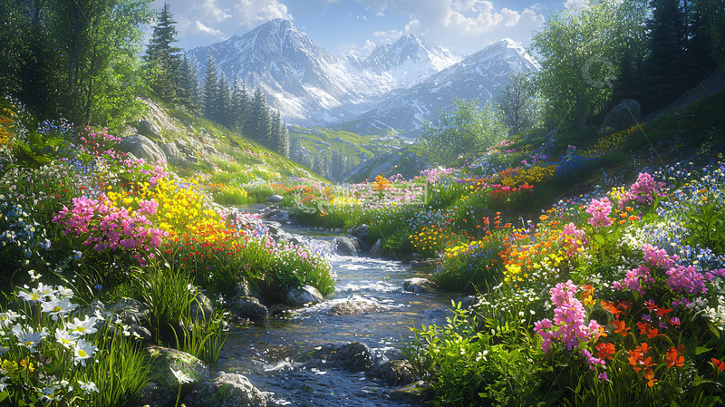 高清大图下载【趣麦麦图】山谷溪流鲜花盛开