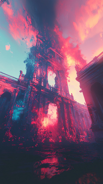 燃烧的废墟建筑