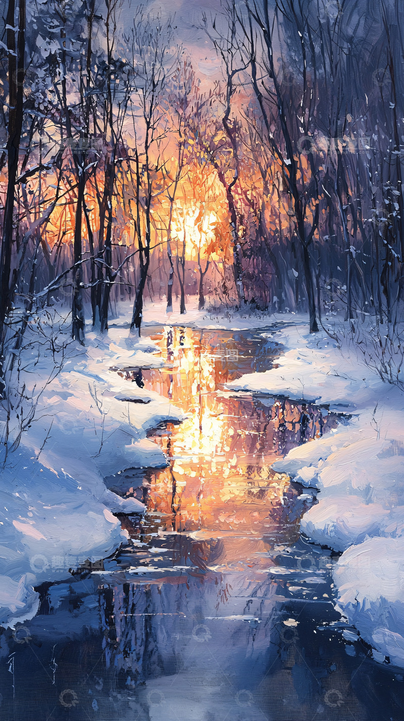 高清大图下载【趣麦麦图】冬日森林溪流日落
