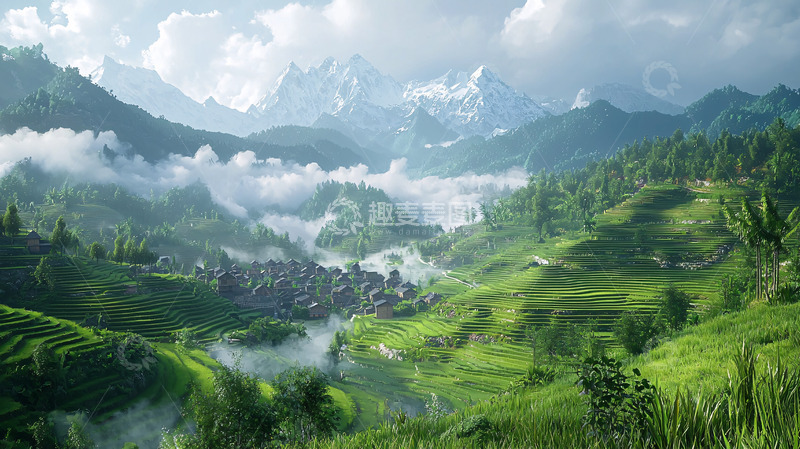 高清大图下载【趣麦麦图】云雾缭绕的山谷梯田