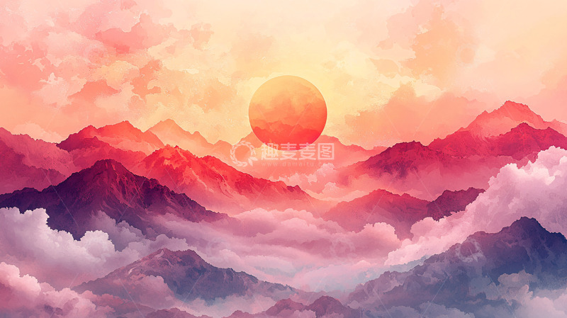 高清大图下载【趣麦麦图】日出云海山峰水彩风