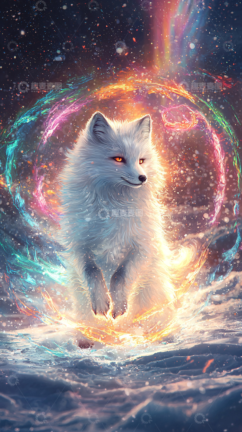 高清大图下载【趣麦麦图】白色狐狸在宇宙背景下