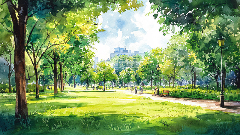 高清大图下载【趣麦麦图】阳光透过树林洒向草地