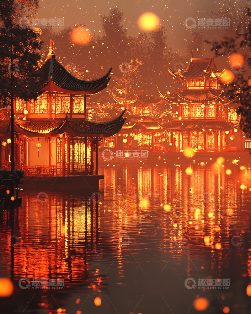 高清大图下载【趣麦麦图】温暖灯光下的中式水榭