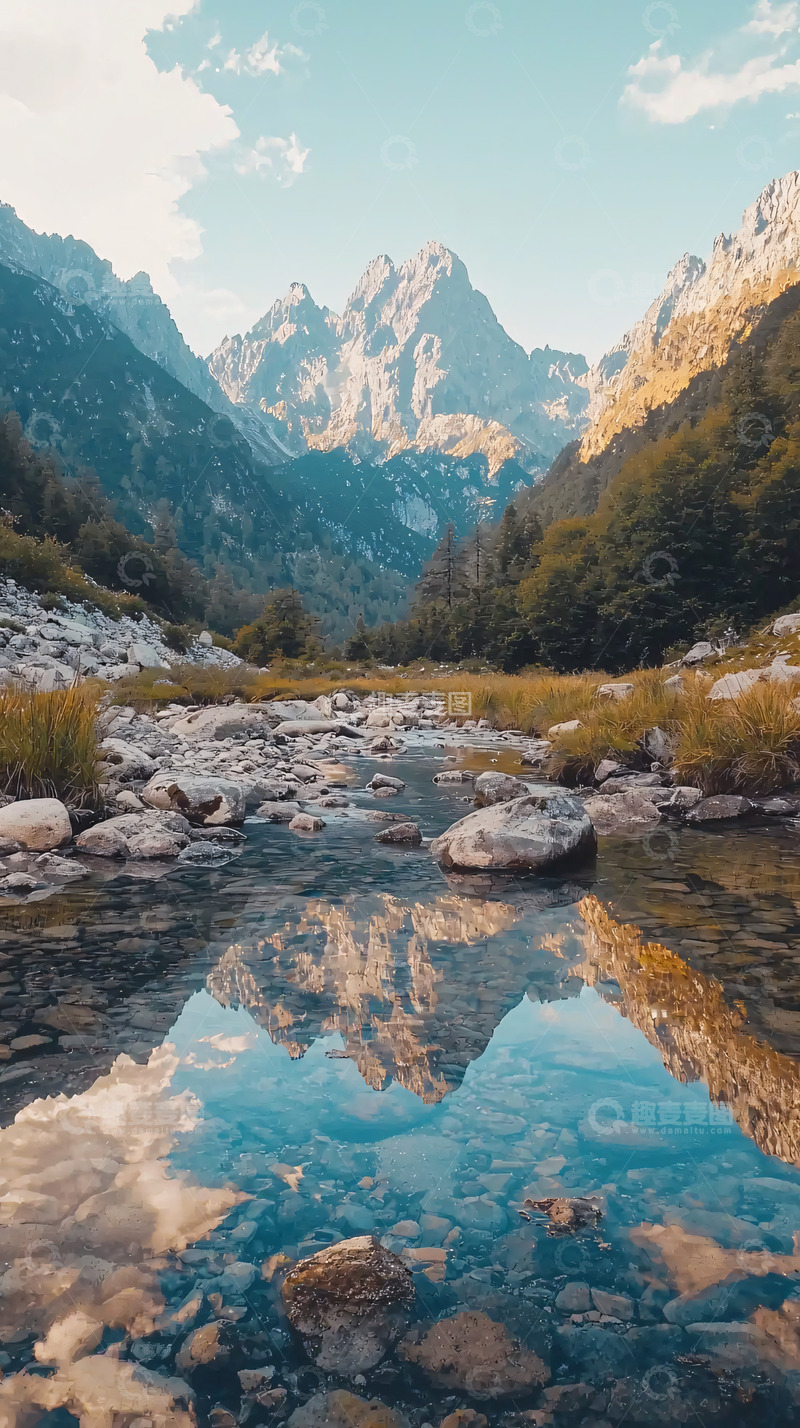 高清大图下载【趣麦麦图】山谷溪流倒影