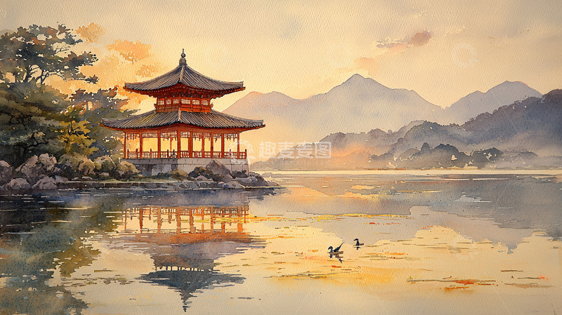 高清大图下载【趣麦麦图】水面倒影中国风亭子