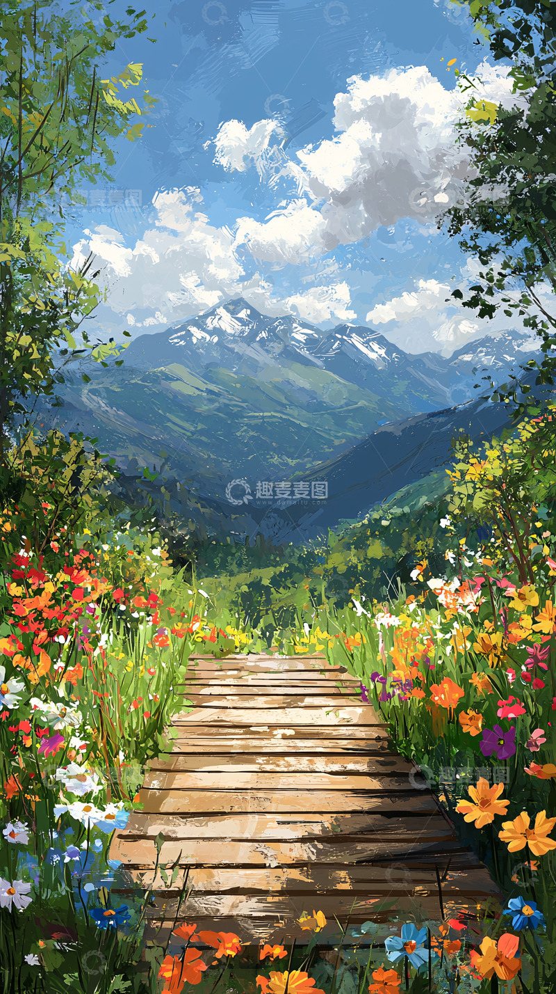 高清大图下载【趣麦麦图】木板路通往雪山花海