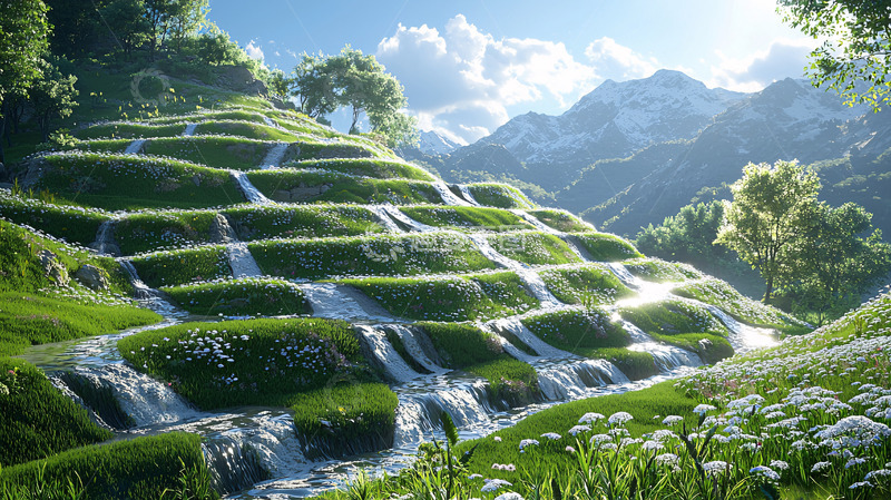 高清大图下载【趣麦麦图】绿油油梯田瀑布山峰