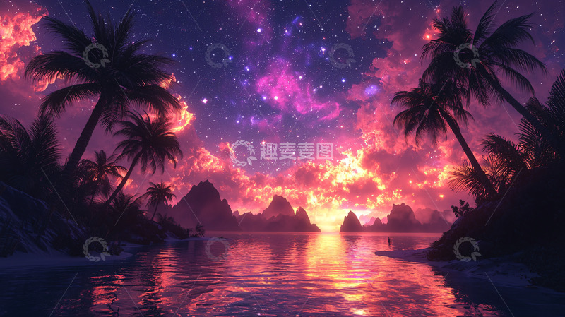 高清大图下载【趣麦麦图】梦幻星空下的热带海滩