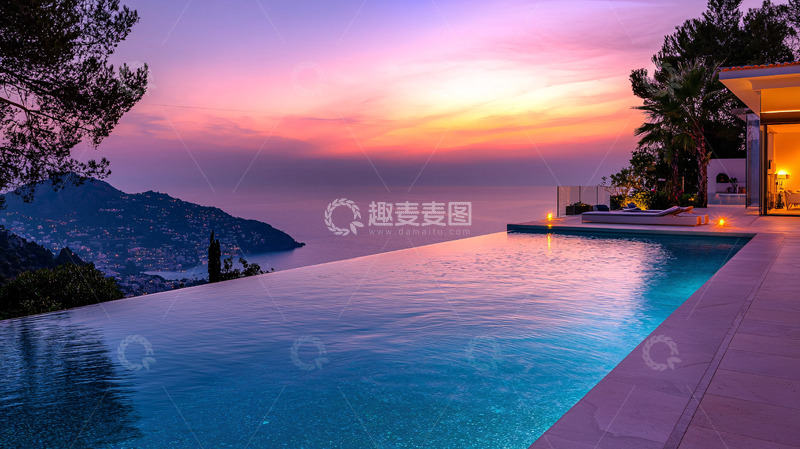 高清大图下载【趣麦麦图】山顶无边泳池落日美景