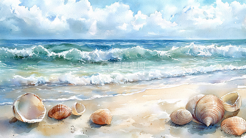 高清大图下载【趣麦麦图】海边贝壳水彩画