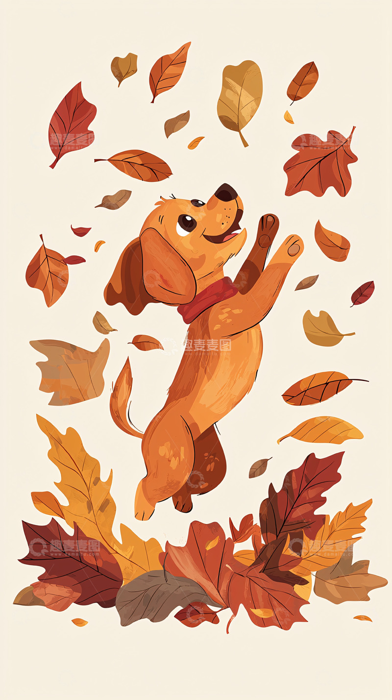高清大图下载【趣麦麦图】小狗秋叶卡通插画